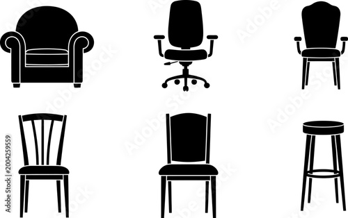 Furniture silhouettes set including armchair office chair dining chairs and tall bar stool.