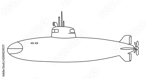 Military submarine vessel outline drawing for underwater marine exploration and naval defense technology themes