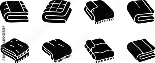 Folded blanket icons set showing various fabric textures and warm winter bedding accessories.