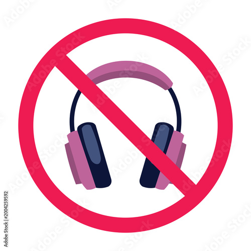 No headphones sign, headset prohibited symbol, no audio device icon, headphone restricted sign, do not wear headphones symbol
