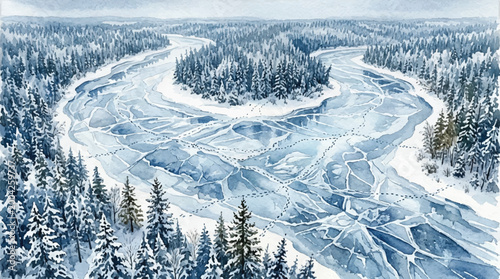 A snowy landscape watercolor a frozen lake or river from an aerial viewpoint.