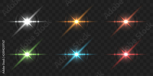 Colorful Light Flare Set with Star Glow, Radiant Beams and Soft Lens Reflections, Bright Glare Sparkle Collection on Dark Transparent Background Vector Illustration