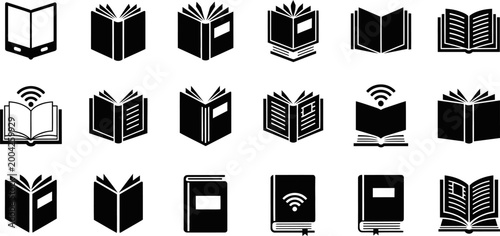 Set of black open book icons with wifi symbol on transparent background vector.