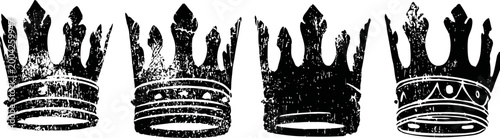 set of four vintage black crowns with distinctive designs, grunge silhouettes