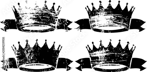 Vintage black crowns with ribbons set grunge distressed heraldic design elements for decoration and branding