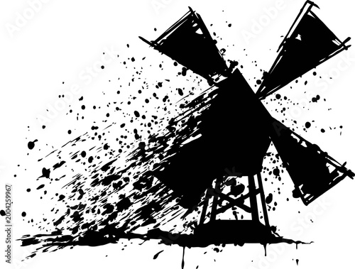 Windmill silhouette with dynamic paint splatter effect, artistic grunge black illustration