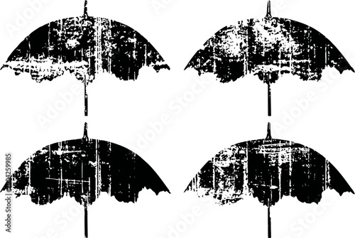 Grunge umbrellas silhouettes set abstract black weather protection icons with vintage distressed texture