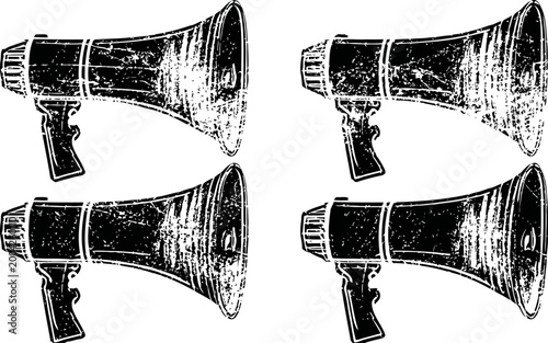 Four vintage megaphones black silhouettes in scratched retro isolated on white background