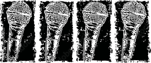 black and white sketch of four vintage microphones in a row on textured background