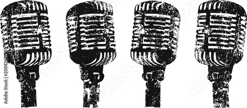 Vintage microphone set in silhouette with textured black and white design, four classic vocal mics