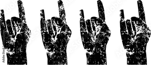 Grunge hand gesture showing rock and roll sign in black on white background, four variations