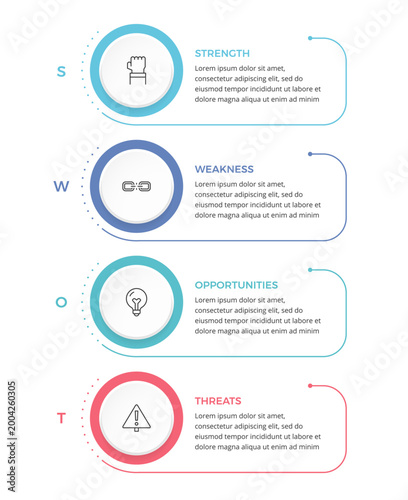 SWOT diagram infographic template with four vertical stages