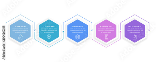 Infographic template with five hexagonal stages connected by a continuous arrow line for visualizing business processes or project workflows