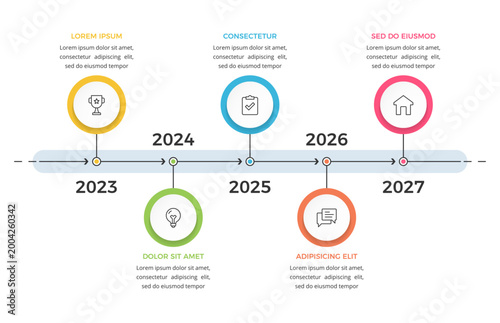 Timeline infographic template with five steps and year milestones designed for business presentation and project management planning