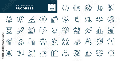 Progress. Set of outline icons. Growth, efficiency, moving forward, success, development, increasing the level of organization, productivity and more.Line icon in linear style. Vector collection	