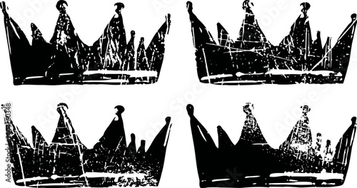 Vintage grunge crowns set hand drawn textured royal headpieces in black