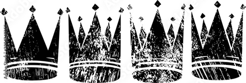 Grunge black crown silhouettes set distressed vintage king royal symbol collection