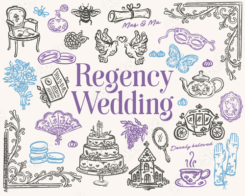 Tableau sur toile Regency Wedding Whimsical Hand Drawn Vector illustration set