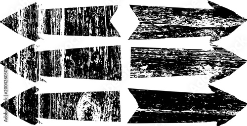 grungy black wooden arrows set in three rows with distressed texture and rough edges