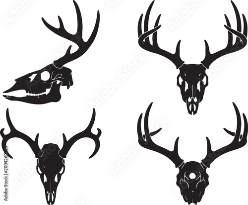 deer head skull silhouette icons set side, front, back, and top views vector art illustration