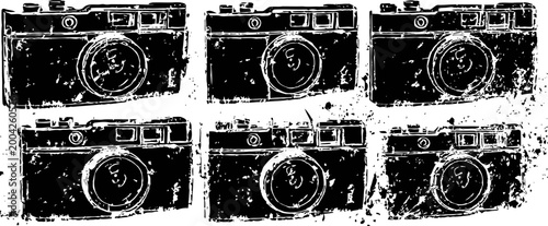 Vintage camera silhouettes arranged in two rows with distressed texture, retro equipment design