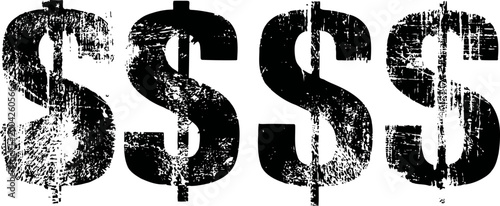 Four black distressed dollar signs in a row on white background, vintage grunge texture design