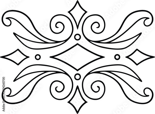 Elegant ornamental design element with symmetrical swirling patterns and geometric diamond shapes for decorative accents