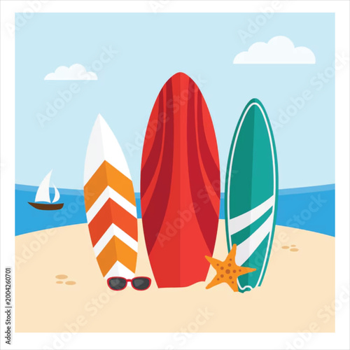 Surfboards on Sandy Beach – Colorful Surf Boards by Ocean Shore, Tropical Summer Vacation Scene, Surfing Lifestyle, Seaside Travel Destination Background
