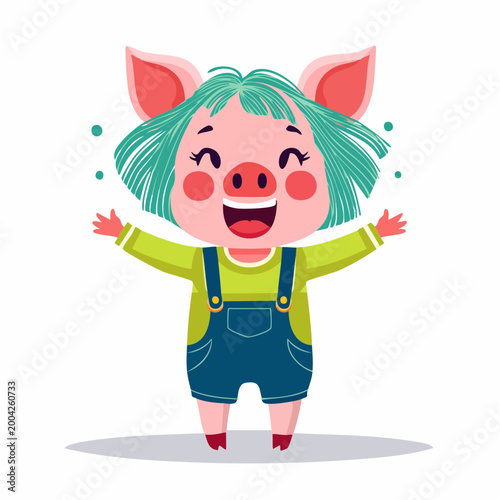 Happy Cartoon Pig Character with Green Hair and Overalls