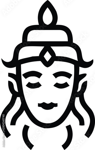 Elegant Outline Icon of a Meditative Deity Head with a Traditional Crown and Serene Expression