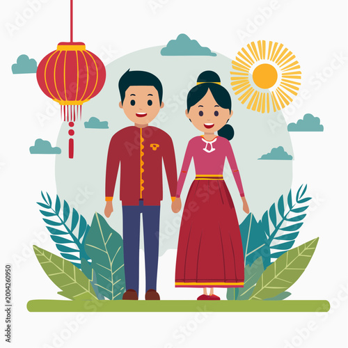 Couple in Traditional Asian Attire Holding Hands Under Lantern and Sun