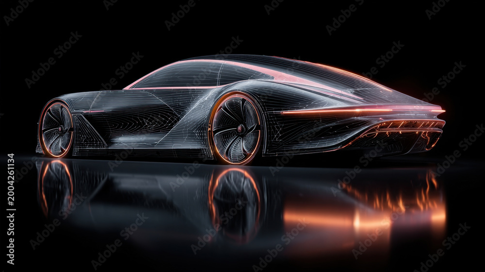 Fototapeta premium Futuristic Wireframe Supercar Concept with Glowing Orange Accents and Sleek Aerodynamic Silhouette on Reflective Black Background Representing Advanced Automotive Engineering and High Tech Innovation.