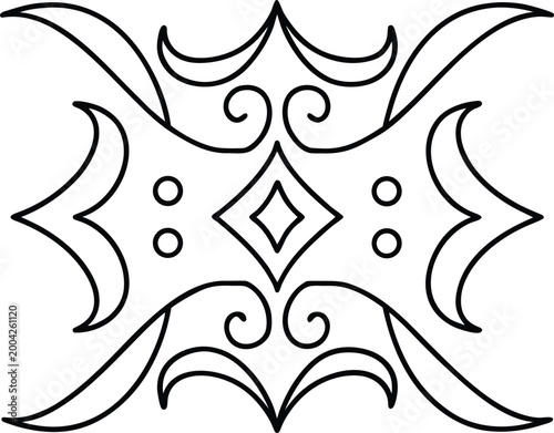 Elegant symmetrical line art scroll design with a central diamond shape and delicate swirling floral patterns