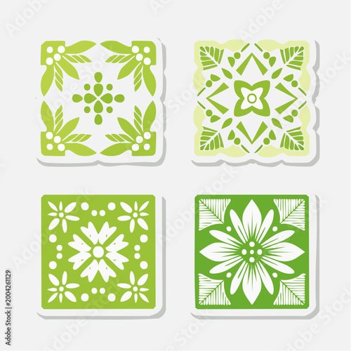 Set of four green floral and leaf pattern stickers