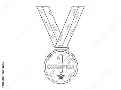Winner gold medal with ribbon champion award line art vector graphic for sports and achievement success