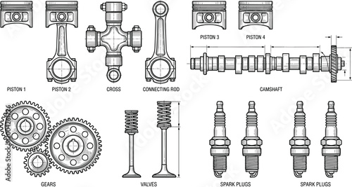 Engine mechanical parts diagram set featuring pistons crankshaft valves gears spark plugs and connecting rods detailed vector illustration