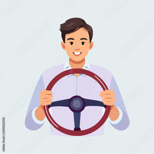 Man holding a steering wheel, ready to drive