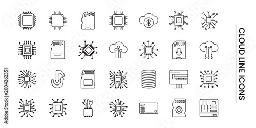 Collection of minimalist circuit board and electronic component line icons