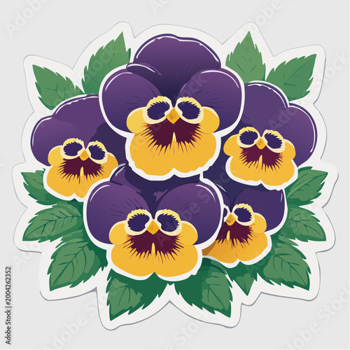 Illustration of Purple and Yellow Pansies with Green Leaves