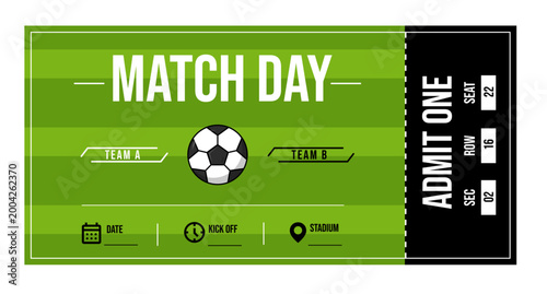 Soccer Match Ticket Template,  Football Event Admit One Ticket Vector