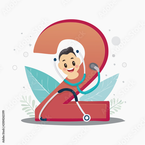 Doctor Character with Stethoscope and Number 2