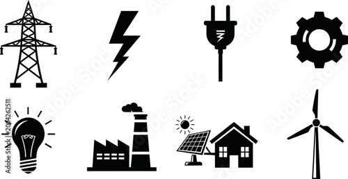 Set of electrical power icons in vector format, various energy sources symbol collection.