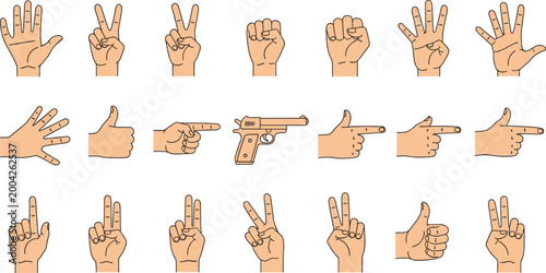 Hand Gesture Icons Set with Finger Signs Counting Symbols and Pointing Actions Flat Style Illustration for Communication UI Design and Educational Use.