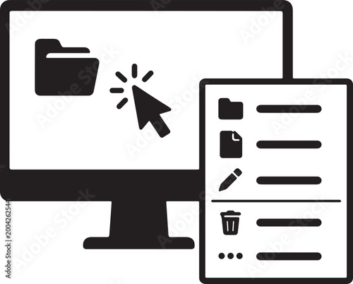 Desktop file management interface icon with cursor click folder and document list in minimal outline vector style