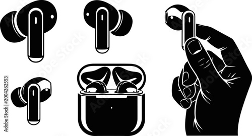 Black icons of wireless earbuds hand holding earbud charging case and earphone pair.