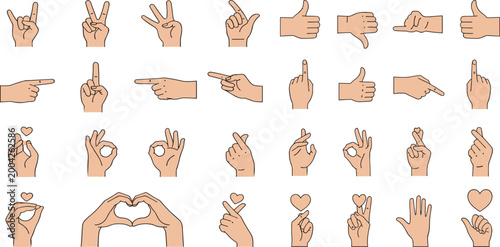 Hand Gesture Icons Set with Finger Signs Love Symbols and Human Communication Expressions Flat Style Illustration for UI Design and Social Media Use