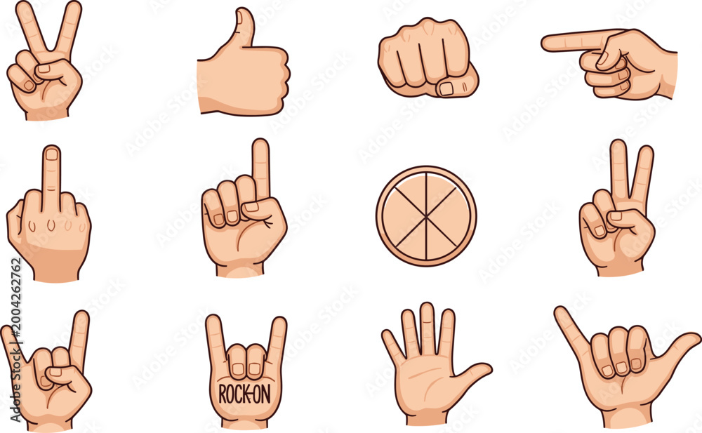 Fototapeta premium Hand Gesture Icons Set with Finger Signs Symbols and Human Communication Expressions Detailed Style Illustration for UI Design and Visual Language Projects.