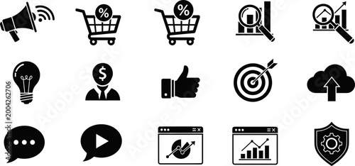 Business marketing and finance icons set for growth analytics and online promotion.