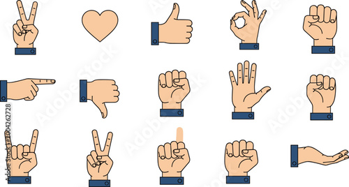 Hand Gesture Icons Set with Finger Signs Symbols and Human Communication Expressions Flat Style Illustration for UI Design Education and Visual Language Projects.