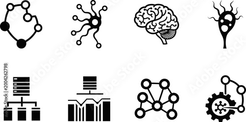 Artificial intelligence and data science icons set with neural network and brain symbols.